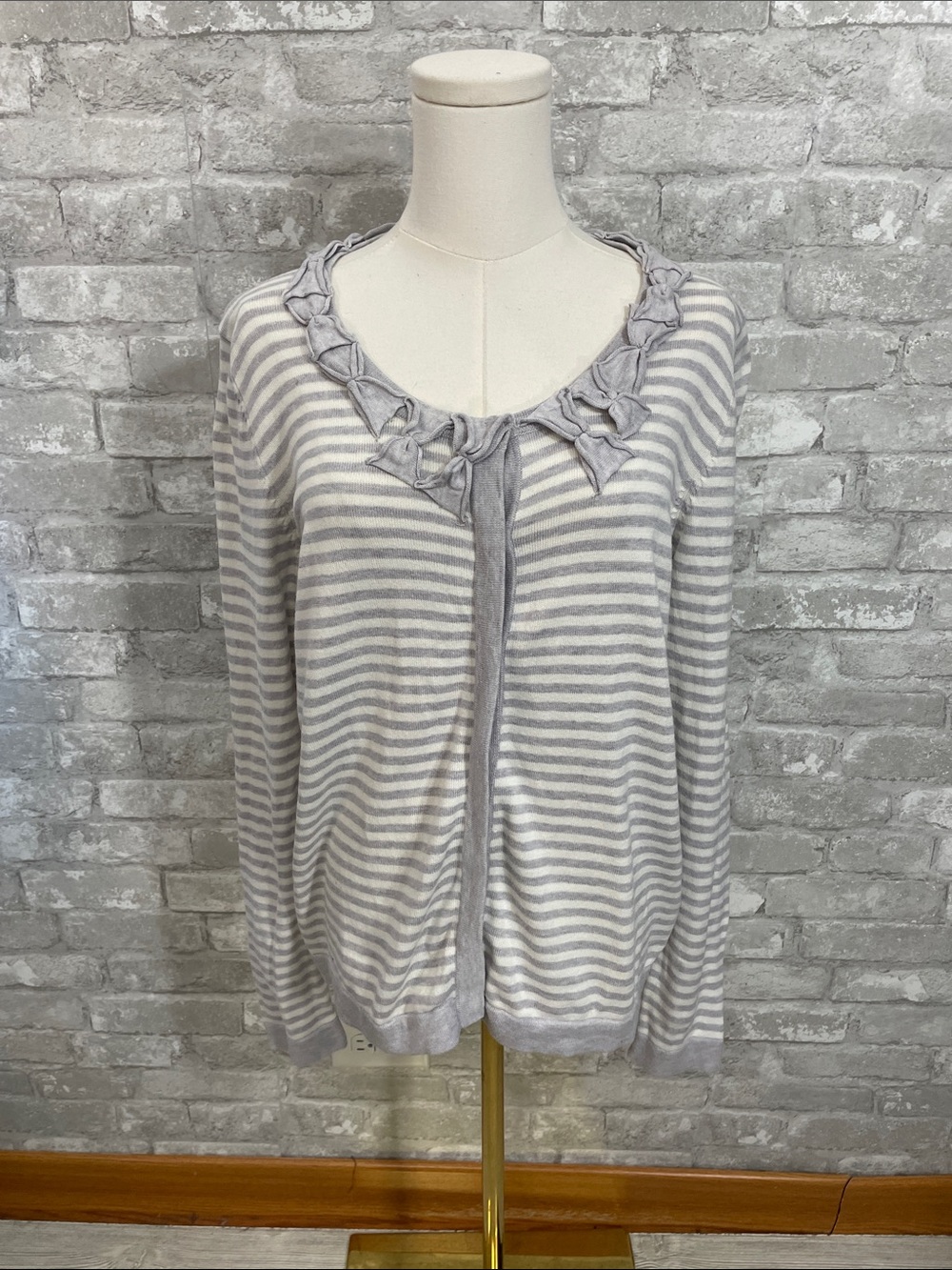 Boden Light Gray & White Striped Ruffle-Trim Cardigan